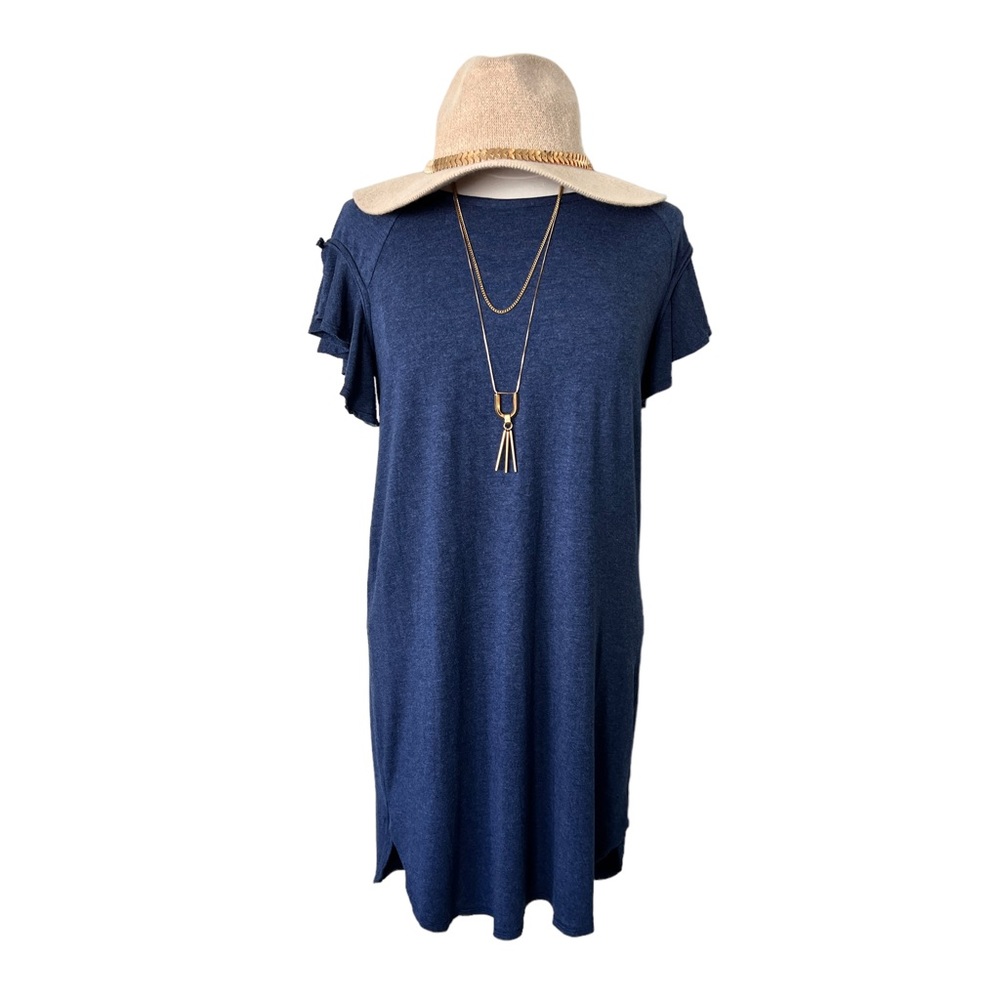 MAX STUDIO Women’s Blue Ruffle Sleeve Dress Size Small Rayon/ Spandex Knit